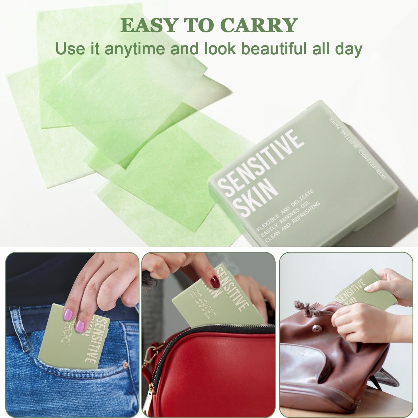 Jutqut Oil Blotting Sheets for Face with Mirror & Puff, 100 Sheets Oil Absorbing Sheets for Oily Skin, Natural Fiber Blotting Paper, Makeup Friendly Face Oil Control Sheets