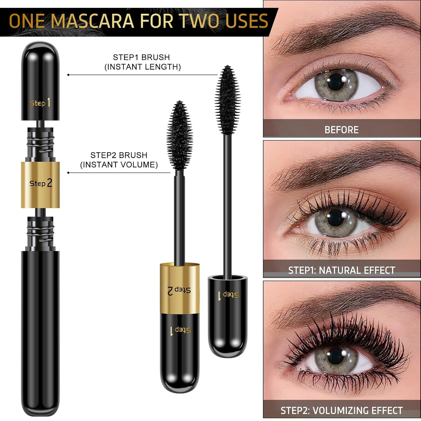 Voluminous Lengthening Waterproof Mascara - 2 in 1 Black Falsies, Smudge Proof & Long-Lasting