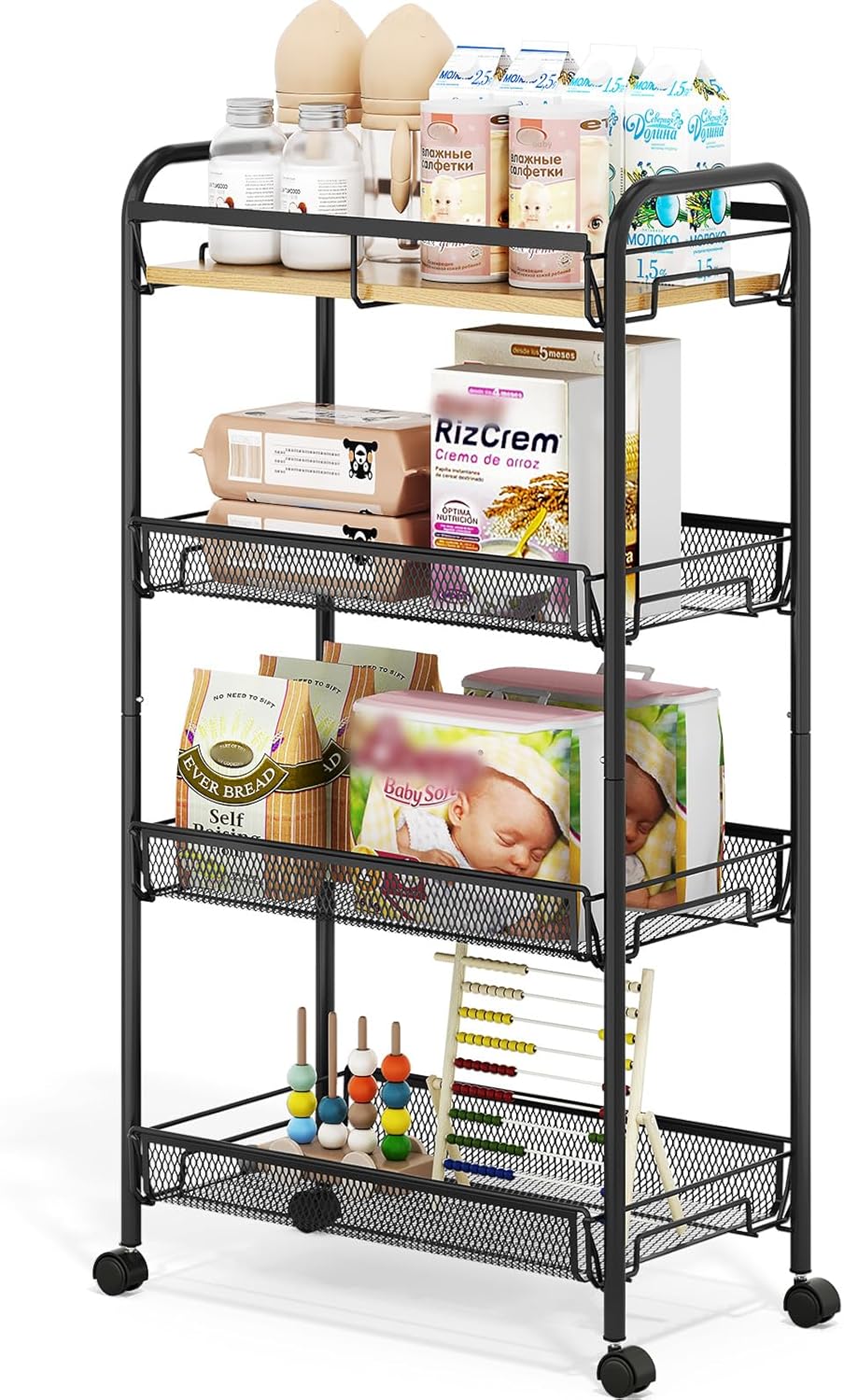 4-Tier Rolling Utility Cart - Metal Storage Trolley with Wooden Tabletop & Mesh Baskets | Easy Assembly for Kitchen, Bathroom, Laundry Room, Bedroom