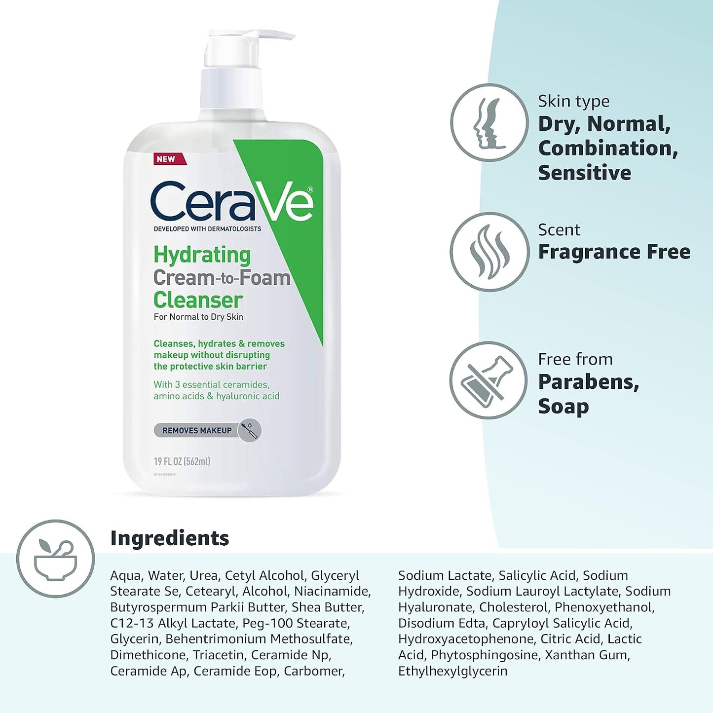 CeraVe Hydrating Foaming Cleanser - Makeup Remover for Dry Skin | 19 Fl Oz, Fragrance-Free, Non-Comedogenic
