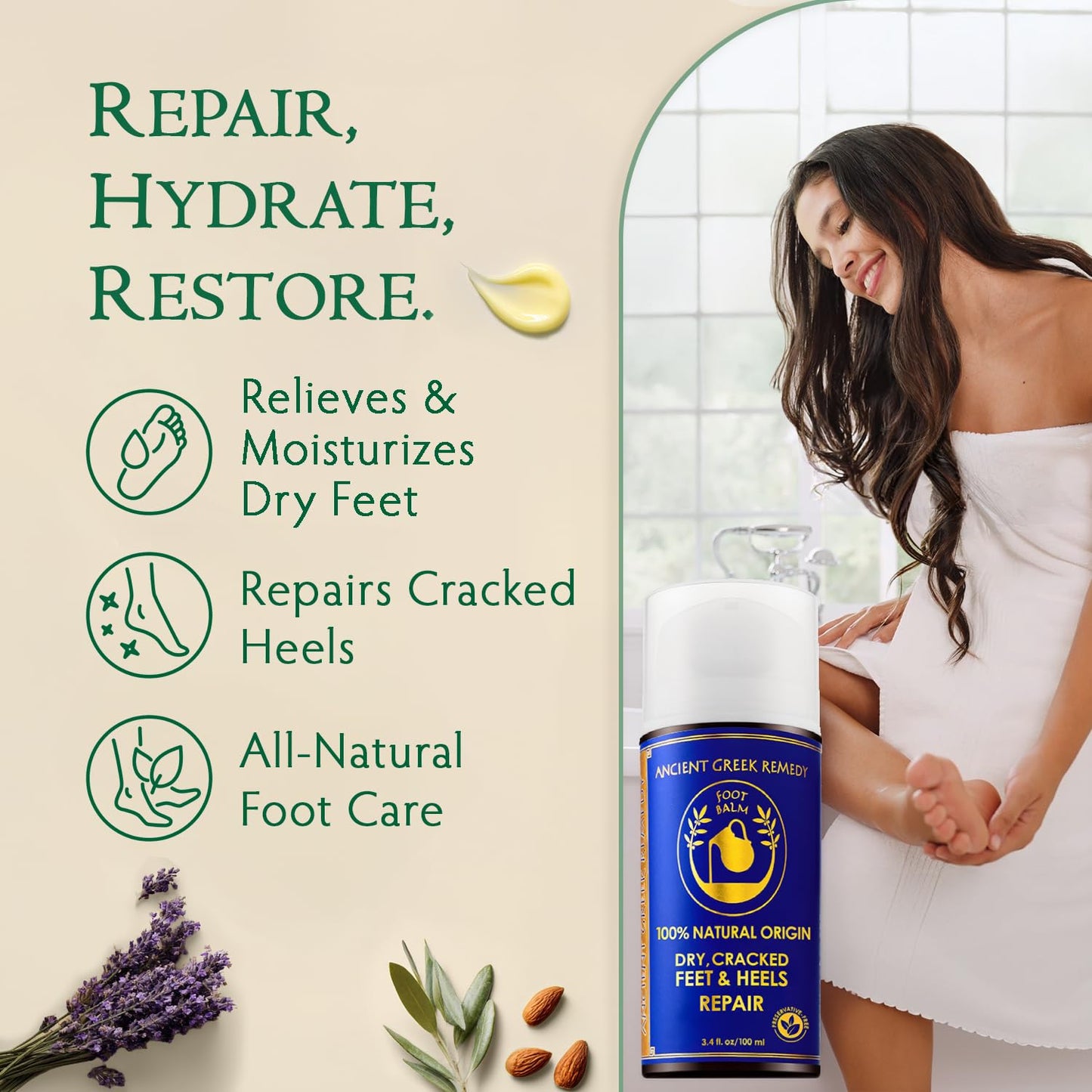 Organic Foot Cream for Dry Cracked Heels - Jojoba & Lavender Moisturizer | 3.4 oz Natural Foot Balm