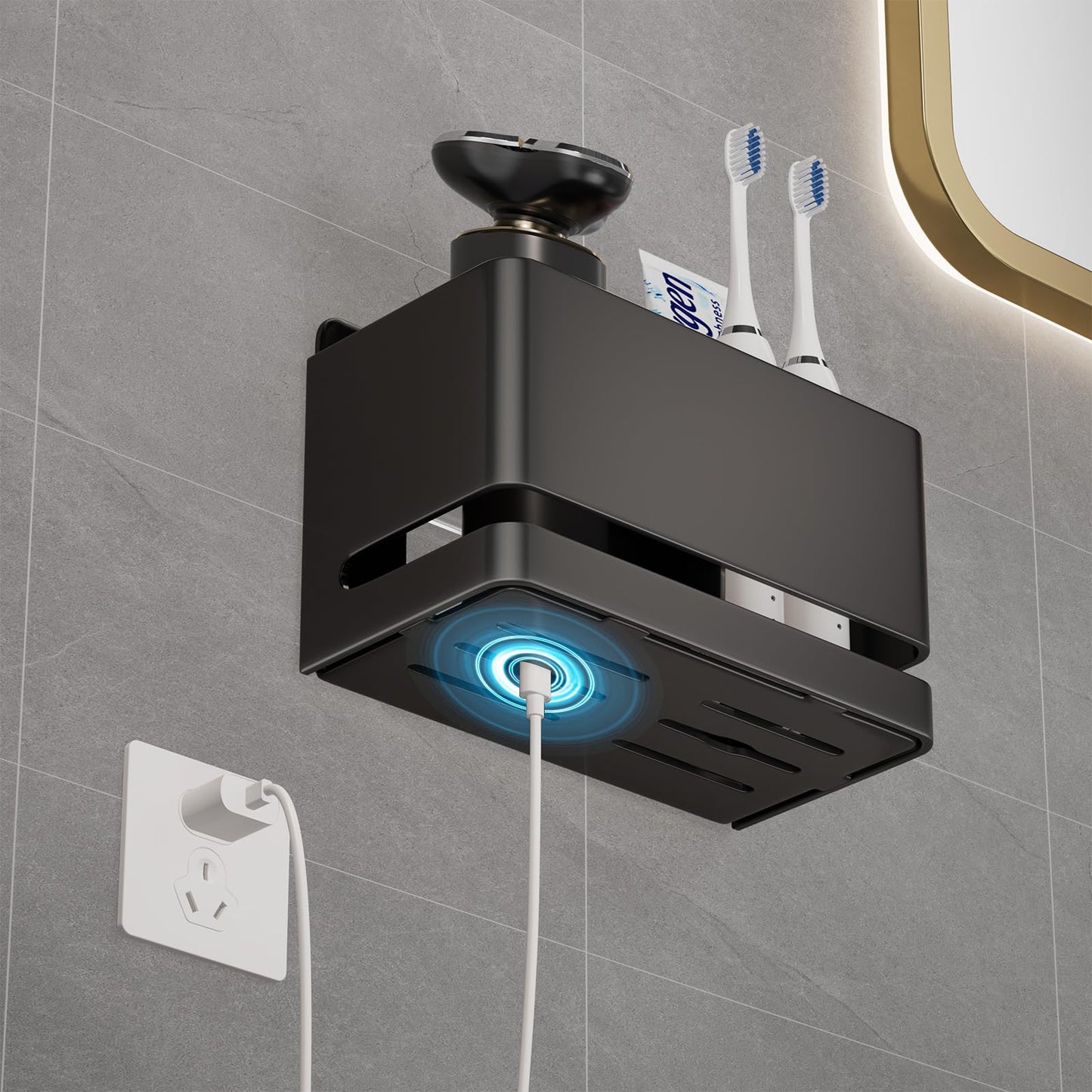 YESENT Aluminum Electric Toothbrush Holder - Bathroom Wall Mounted Toothbrush Holder (Black, Double Slot)