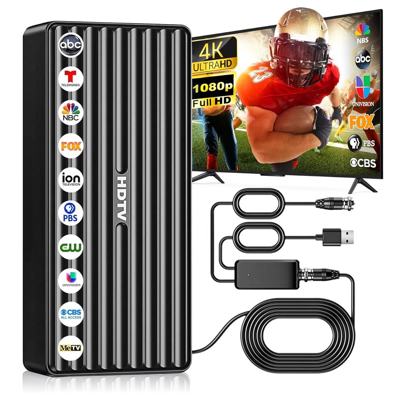 TV Antenna for HD Smart TV Indoor,1000+ Miles Range Digital Outdoor TV Antenna for Free Local Channels, Supports 8K/4K/1080P,33ft Coax Cable(Noir)