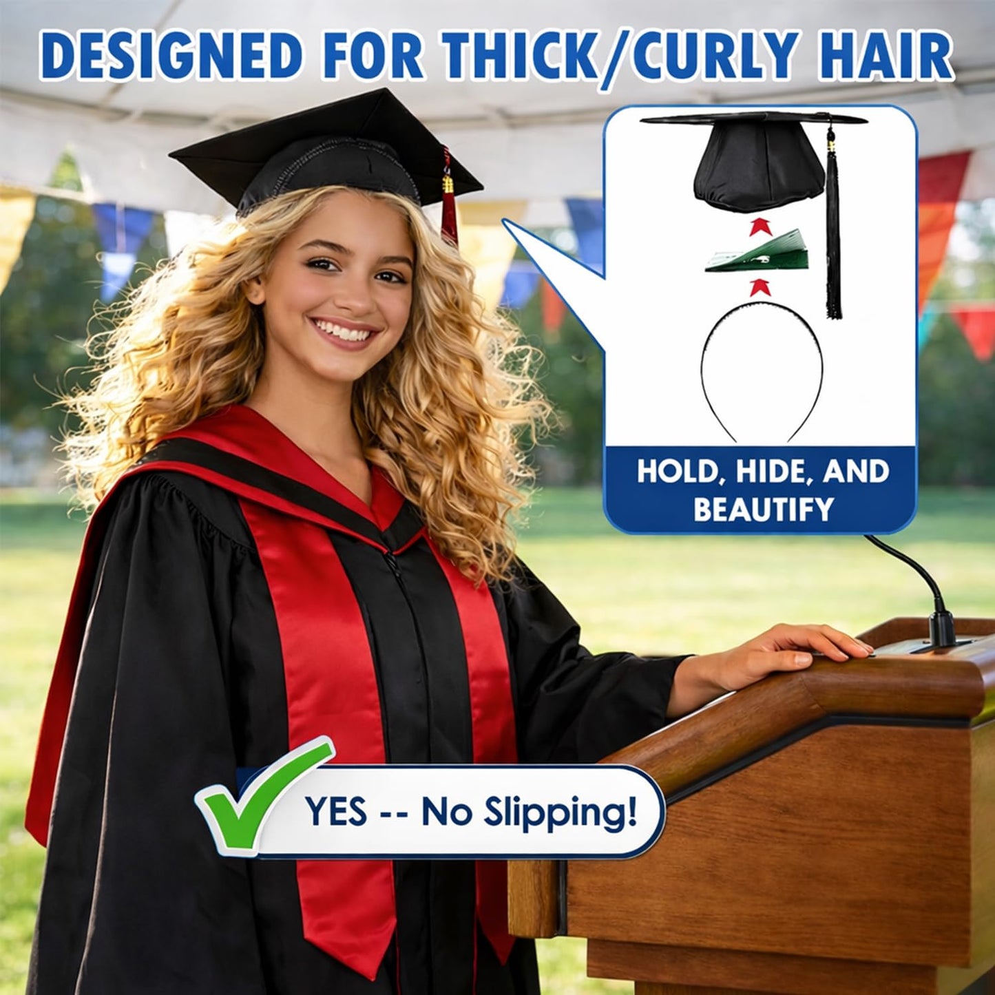 Graduation Cap Headband Insert - 2PC Anti-Fall Curly Hair Accessory | Secure Non-Slip Fit for Graduates
