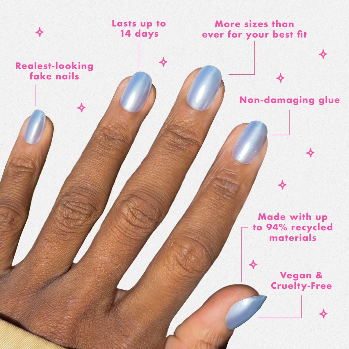 Maximalist Press-On Nails - Non-Toxic, Long-Lasting, Salon-Quality | 42 Fake Nails in 21 Sizes - Short Round Sky Chrome
