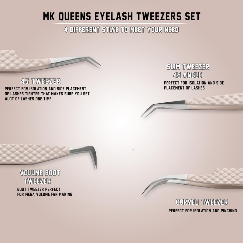 MK Queens Lash Tweezers - Stainless Steel Fiber Tip Eyelash Tweezers (Set of 4) - Diamond Grip Professional Lash Tweezers for Eyelash Extensions (Beige)
