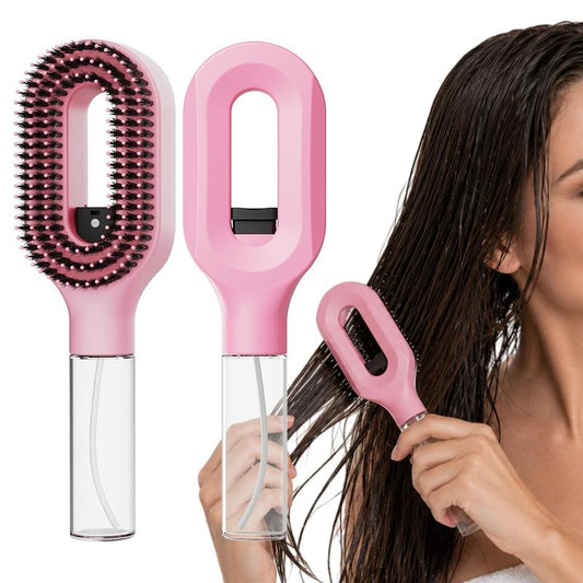 Continuous Mist Spray Hair Brush - 2-in-1 Detangling Tool for Frizz Control | Pink for Wet & Dry Styling