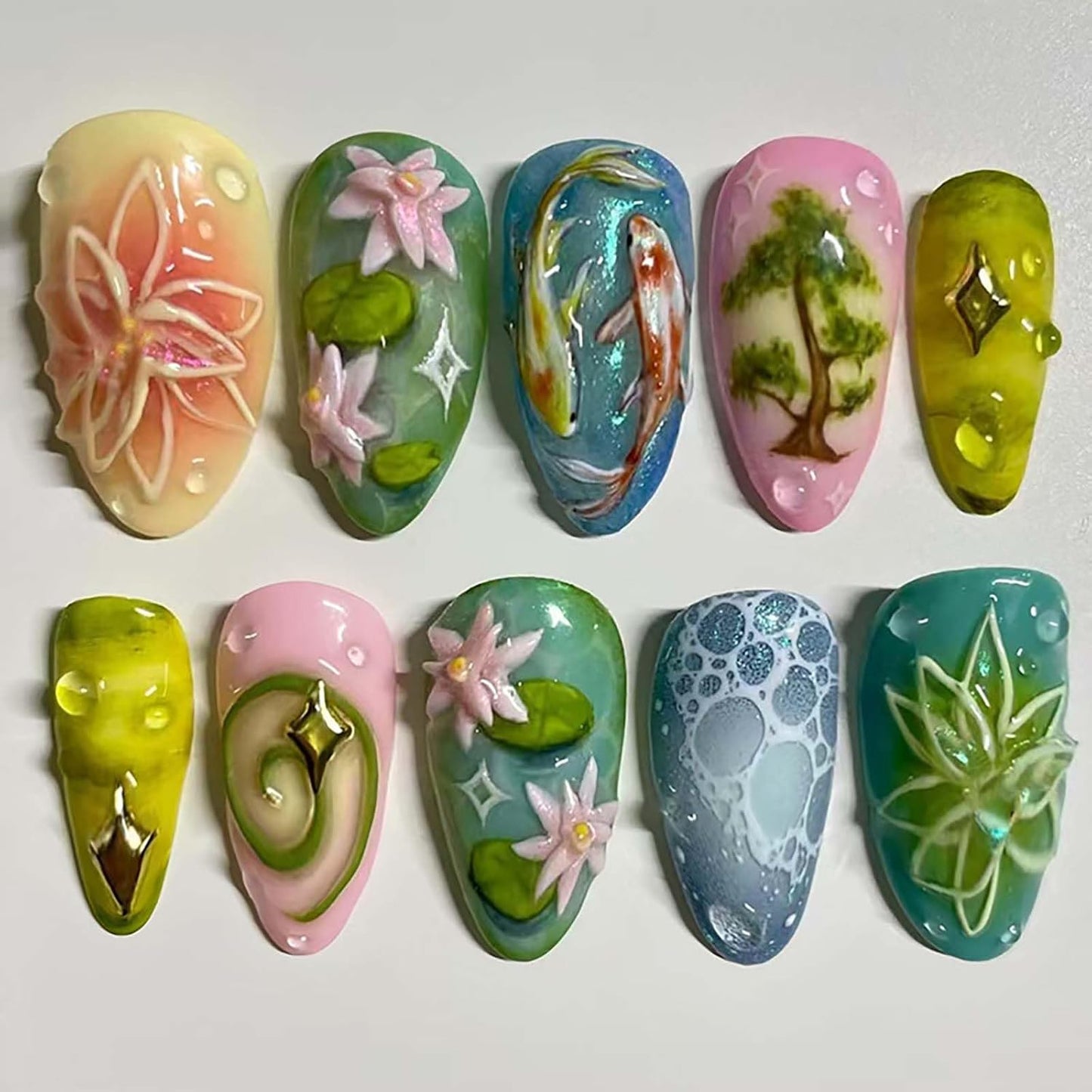 Press-On Nails - 24Pcs Medium Almond Beach Flower Design | Full Cover Acrylic with Shell & Starfish Rhinestones