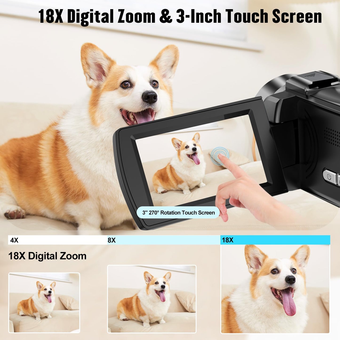 lovpo Camcorder Video Camera 4K 48MP HD Camera Recorder, 18X Digital Zoo 3" Touch Screen Vlogging Camera for YouTube with Microphone, Stabilizer, Lens Hood, Remote and 2 Batteries