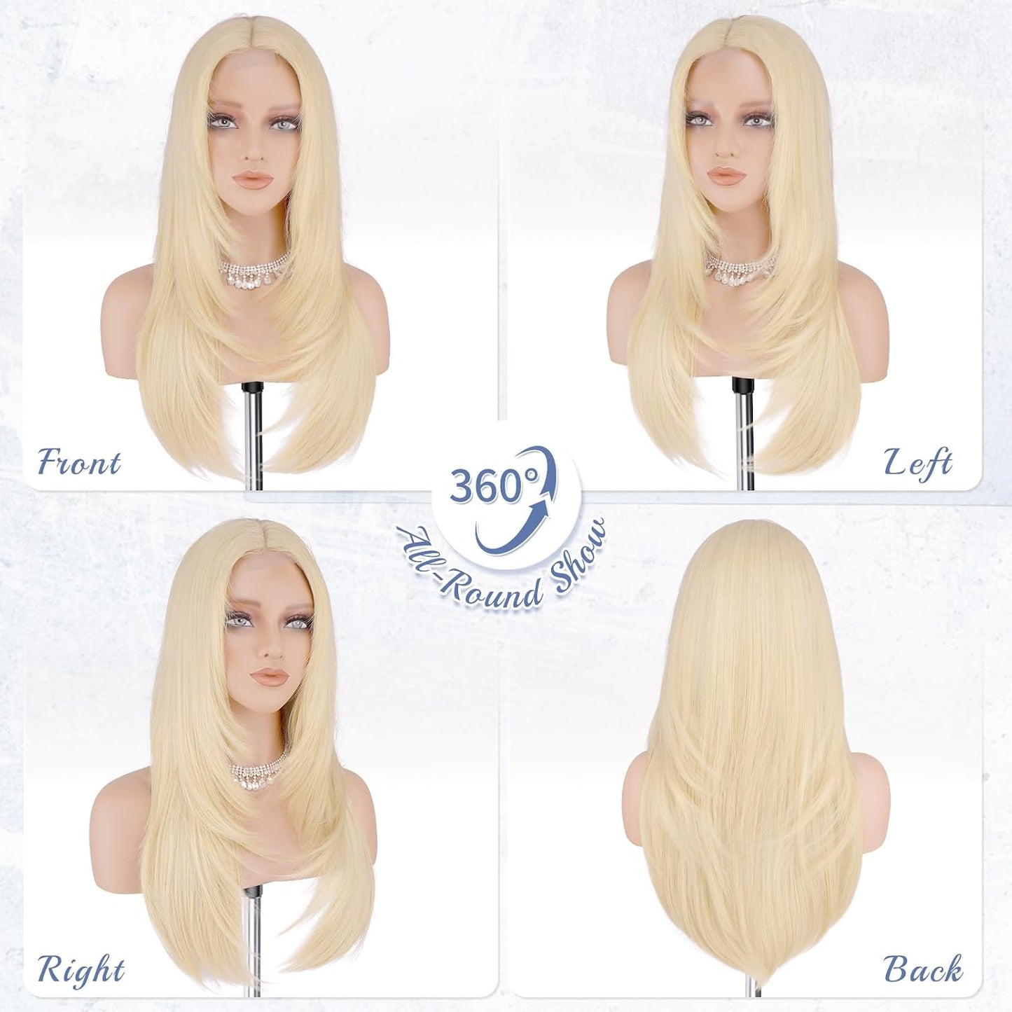 Blonde Wig with Curtain Bangs - Lace Front Long Layered Synthetic Hair for Women | 24 Inch Natural Look