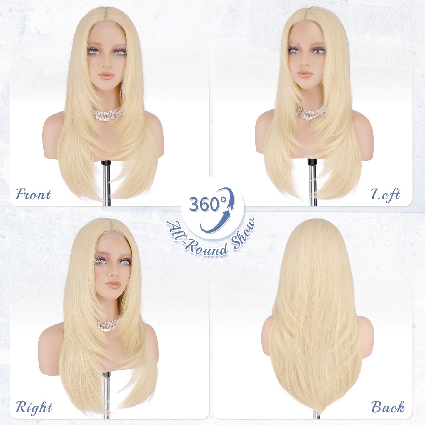 Haloo Blonde Wig with Curtain Bangs - Lace Front Hairline Middle Part Long Layered Natural Looking Straight Synthetic Hair Wigs for Women Daily Party, 24 Inch