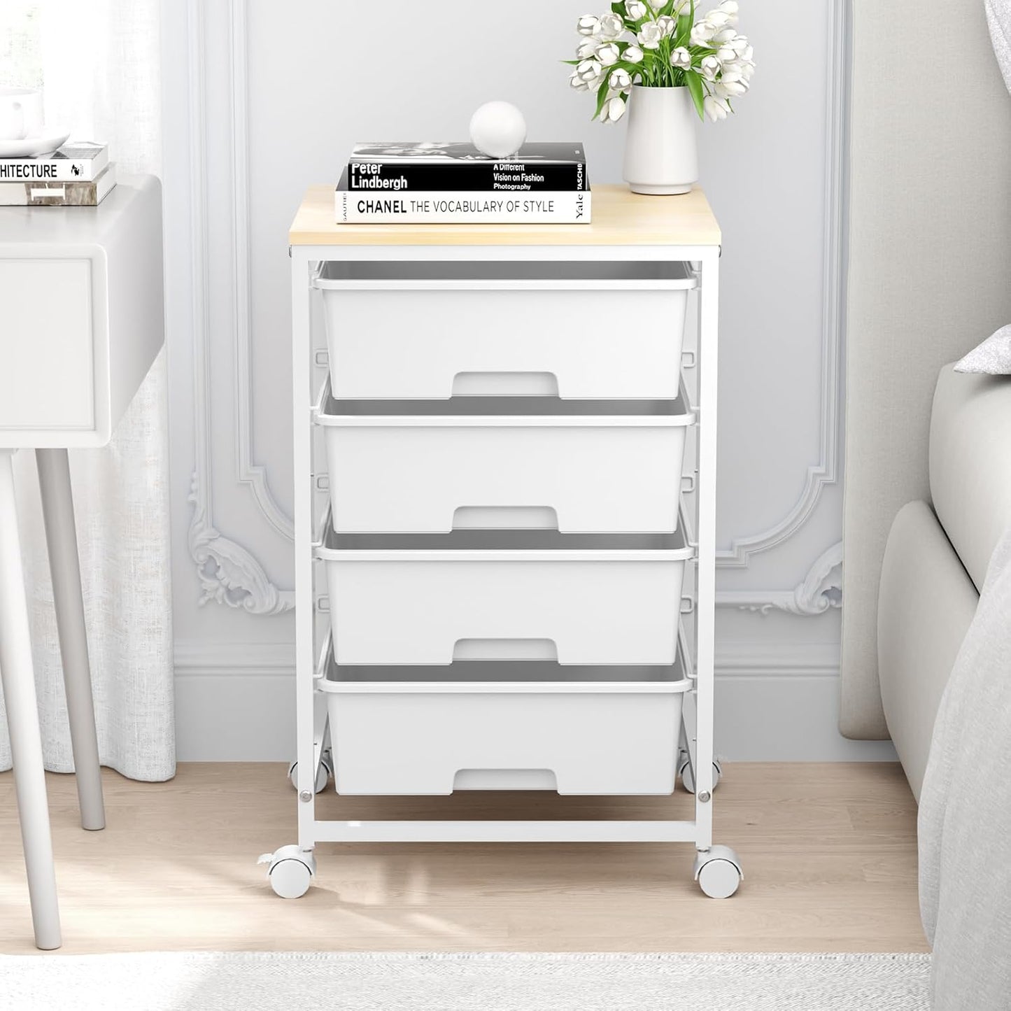 Utility Cart - 4-Tier Rolling Storage Organizer with 4 Drawers & Lockable Wheels | Bright White for Home & Office