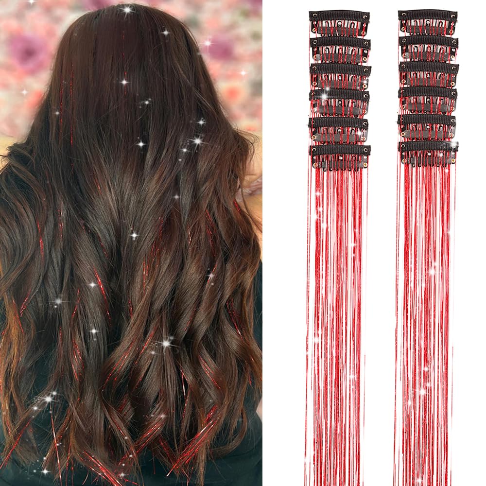 Clip In Hair Tinsel Extensions - 20 Inch Glitter Strands for Festivals | 12 Pcs Black Dazzle Kit for Women & Girls