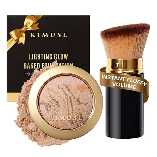 Baked Foundation Powder - Color Correcting Makeup Set with Retractable Kabuki Brush for Mature Skin | Buildable Coverage, Radiant Finish