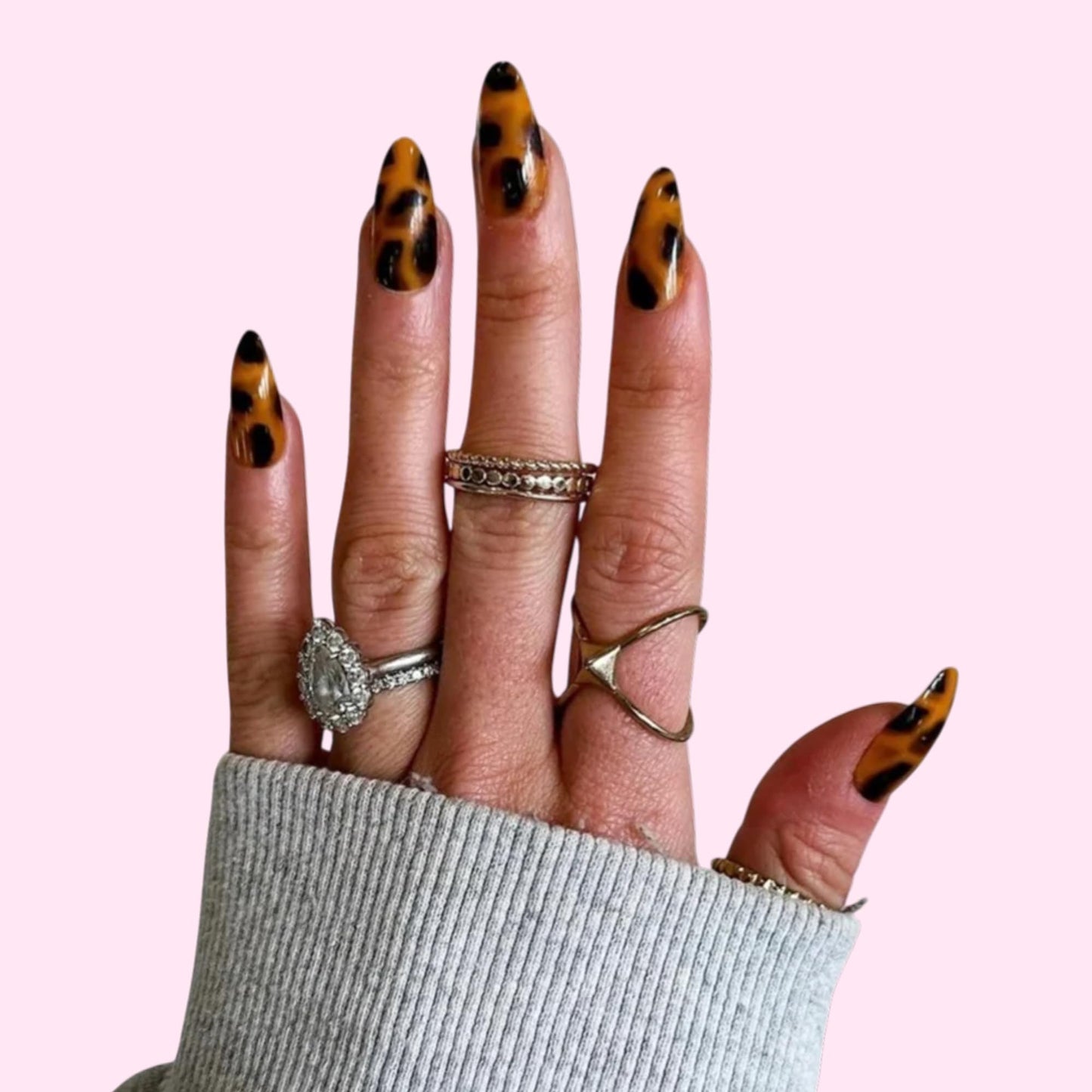 PaintLab Tortoise Shell Press On Nails Almond - Medium Tortie Brown, 30 Nails in 15 Sizes with Glue, Reusable Salon Quality Nail Press Ons