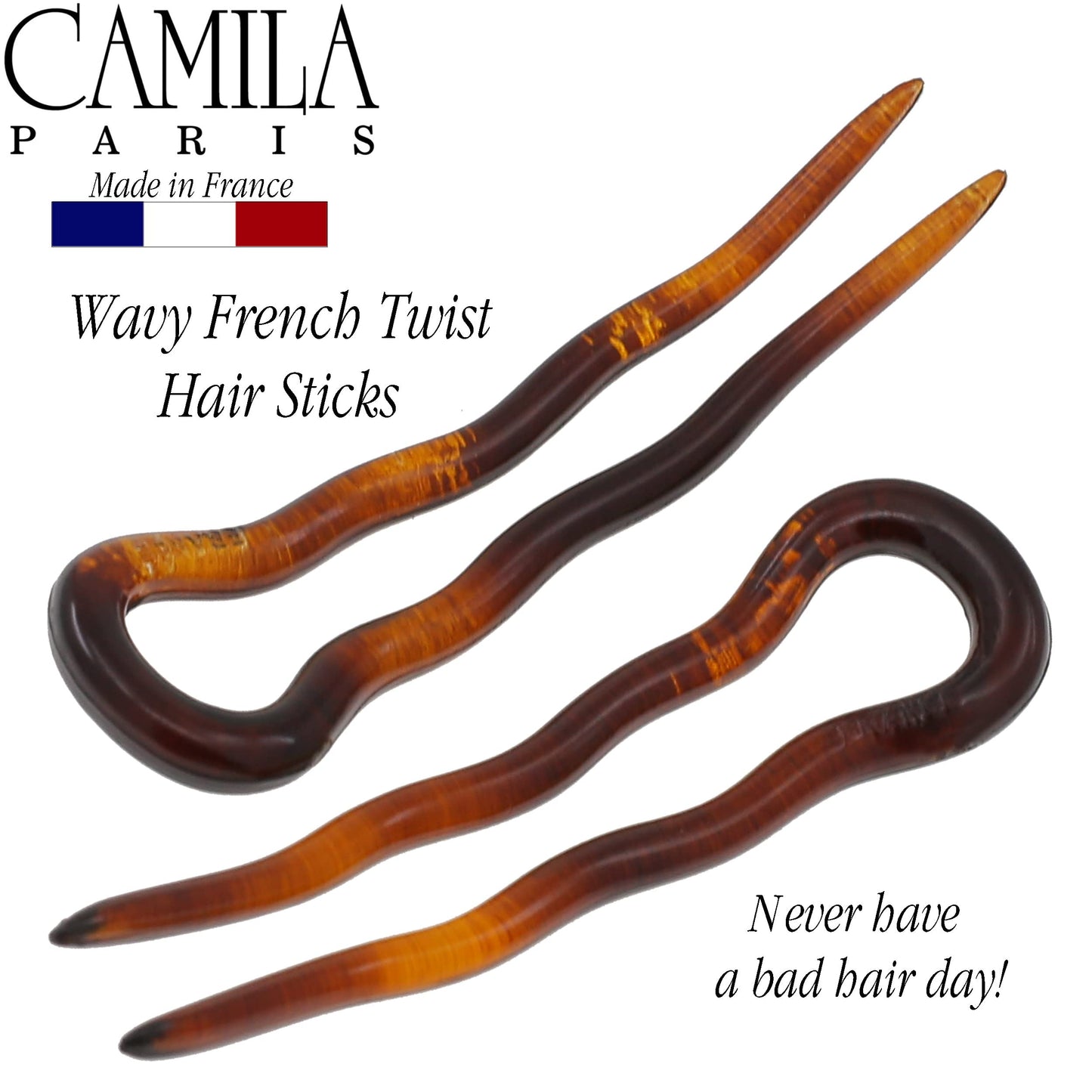 Camila Paris AD823 French Twist Stick Hair Fork, 2 Small Wavy U Shaped Hair Pin Clip for Spiral Updo Bun, Tortoise Shell, Fashion Flexible Durable Styling Hair Accessories for Women, Made in France