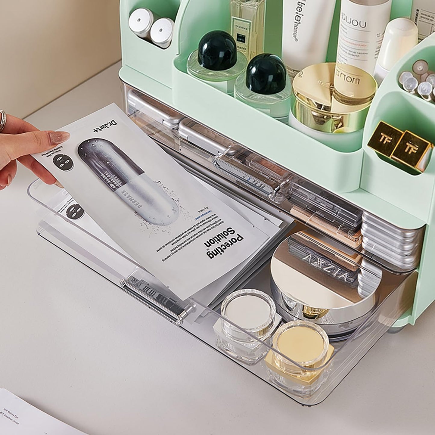 TIRUSS Makeup Organizer with Drawers for Vanity,Bathroom Countertop Organizer with Brushes Holder,Skincare Storage Organizer for Lipsticks,Nail Polishes, Perfumes,Eyeshadow Palettes (Green)