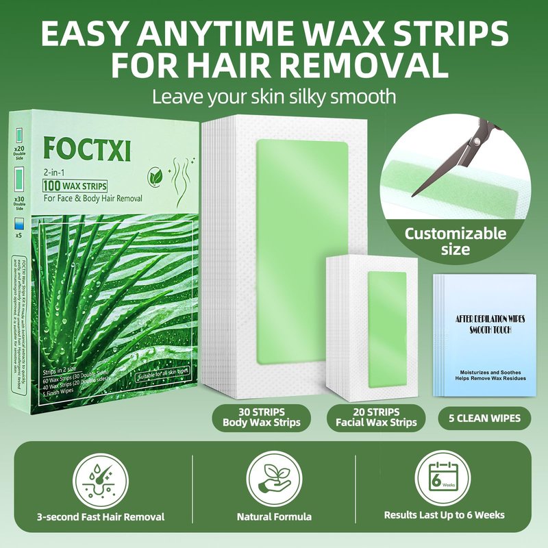 FOCTXI 100 PCS Wax Strips Kit, 40 Facial & 60 Body Waxing Strips for Face, Eyebrow, Bikini/Brazilian, Legs, Arms, Chest, Back Hair Removal + 5 Calming Oil Wipes, Gentle for Sensitive Skin, Men & Women