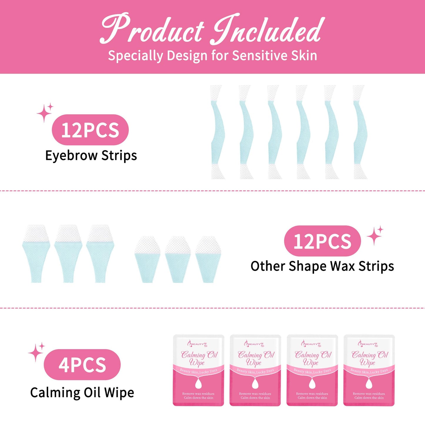 Beauty7 Sensitive Eyebrow Wax Strips, Facial Hair Removal for Women, Eyebrow Waxing Strips, with 24 Strip 4 Calming Oil Wipes, Home Waxing for Sensitive Skin Types
