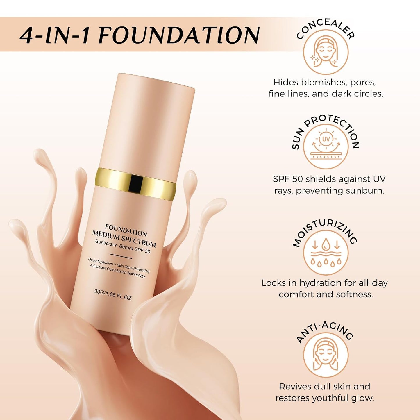 Foundation 4 in 1 Medium Spectrum - Hydrating Color Changing Formula with SPF 50 | 1.05 Fl Oz