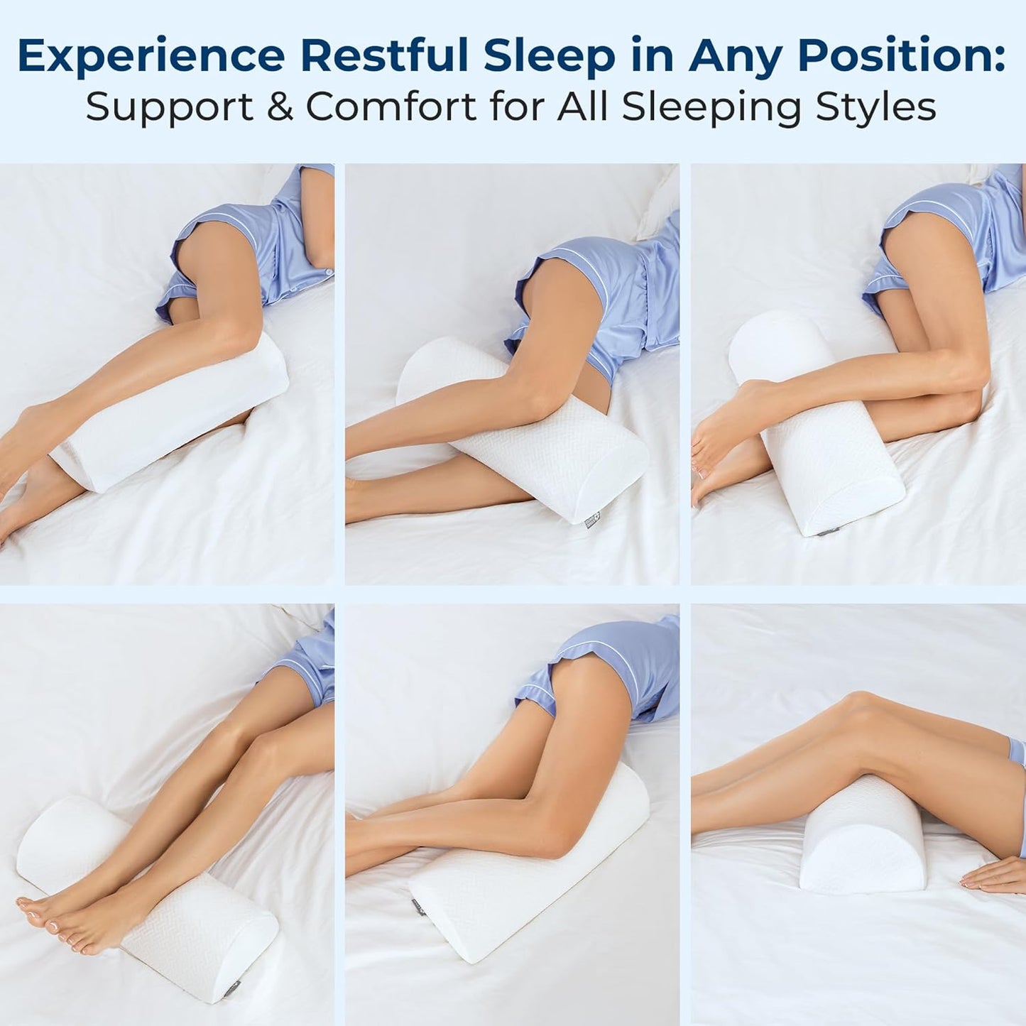 Knee Pillow for Back Sleeping - Memory Foam Half Moon Bolster Pillow for Legs | White