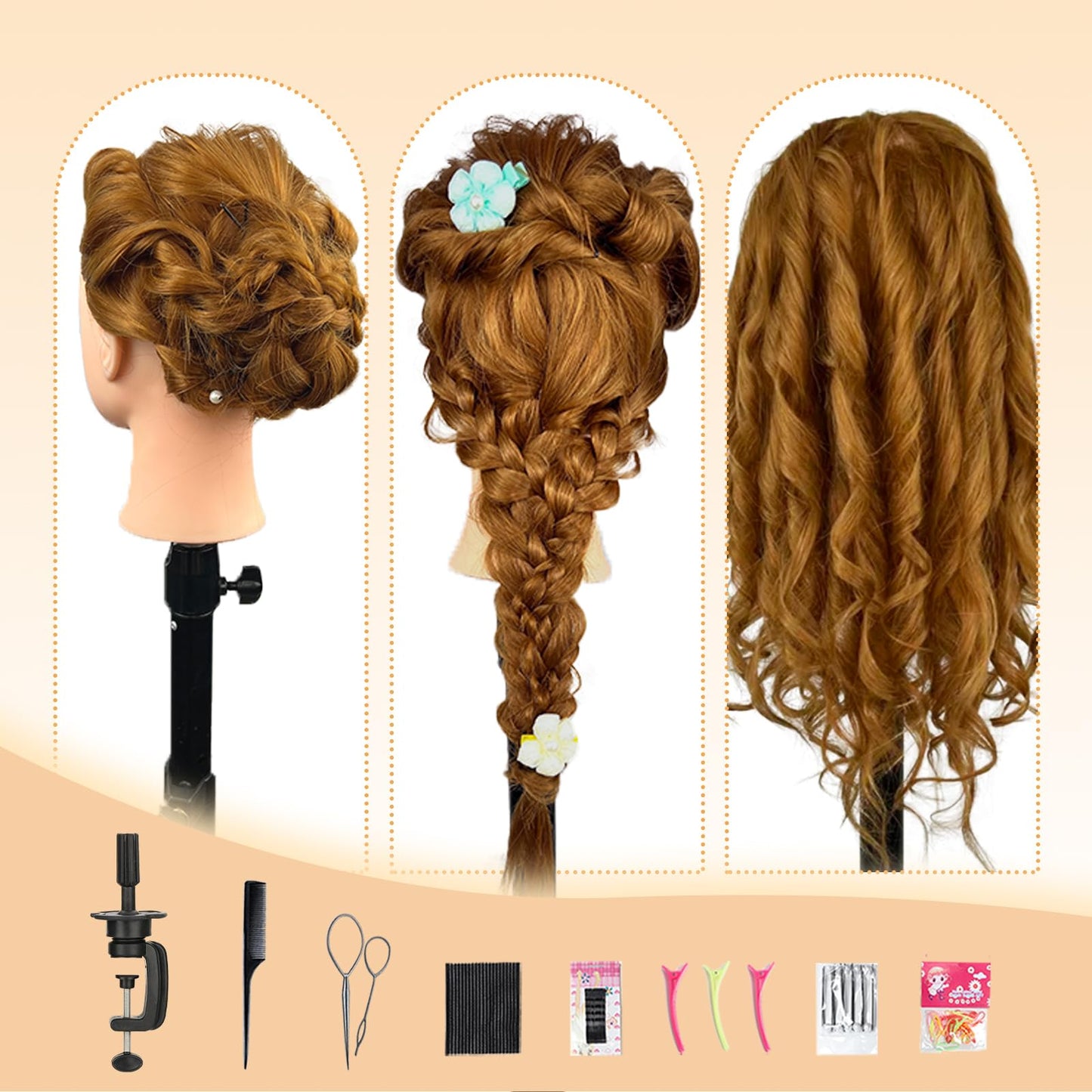 22" MQHIHI Mannequin Head Human Hair Cosmetology Manikin Doll Head with 80% Real Hair for Hairdresser Practice Cutting Braiding Hair Styling with Clamp Holder and Tools (Light Brown)