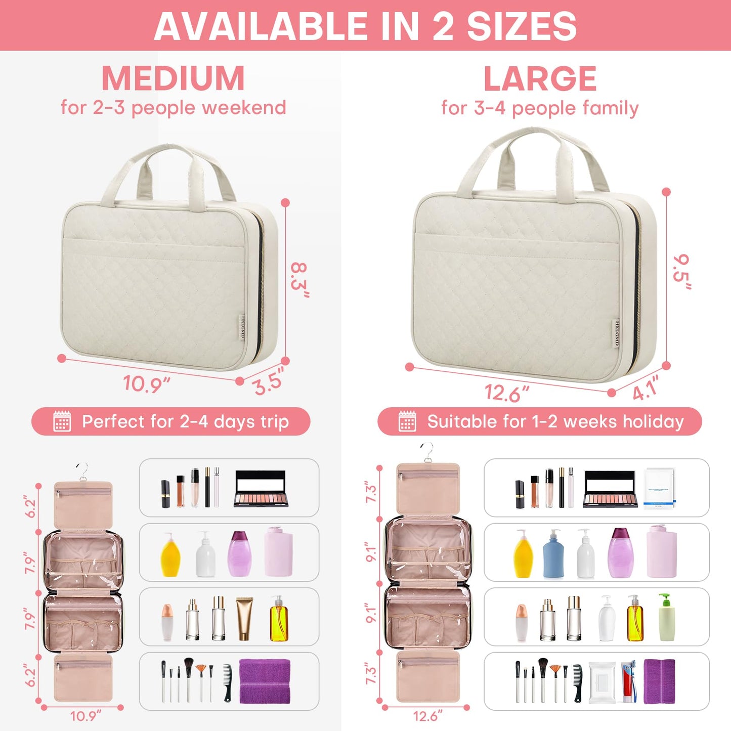 HXLGMD Travel Size Toiletry Bag for Women, Portable Cosmetic Bag with Hanging Hook, Travel Essentials Water-resistant Makeup Organizer for Accessories, Shampoo, Full-size Container, Toiletries