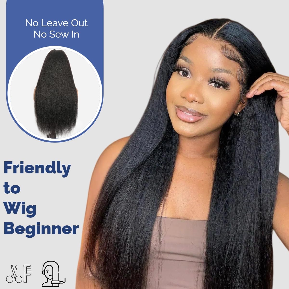 DaXunDi 250 Density 22 Inch V Part Wig Human Hair Kinky Straight Half Wig Human Hair Drawstring Upgraded 100% Natural Unprocessed Glueless No Sew in V Shape Clip In No Leave Out U Part Human Hair Wig
