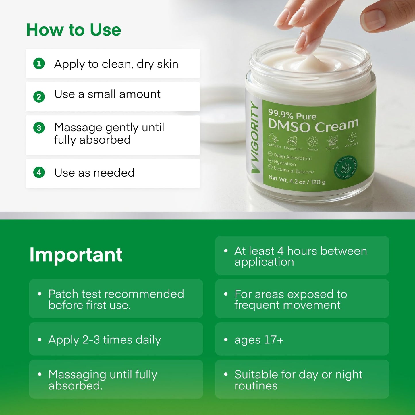 Vigority DMSO Cream 99.9% Pure for Topical Joint, Muscle Comfort - DMSO Pharmaceutical Grade Cream with Arnica, Magnesium, Turmeric, OptiMSM, Aloe Vera 3.53oz