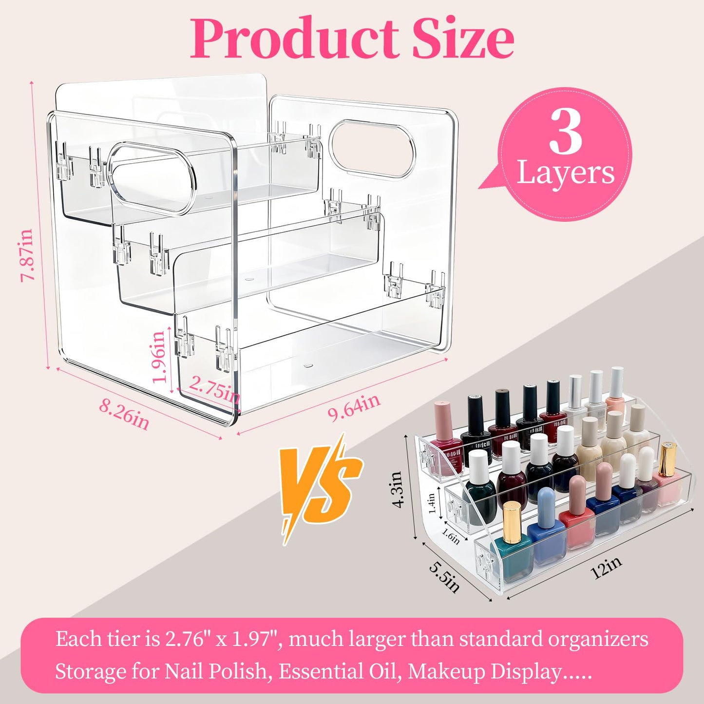 BQAN 3-Tier Clear Acrylic Nail Polish Organizer Rack - Extra Wide Storage Display Stand for Nail Polish, Essential Oils & Makeup with Built-in Handles