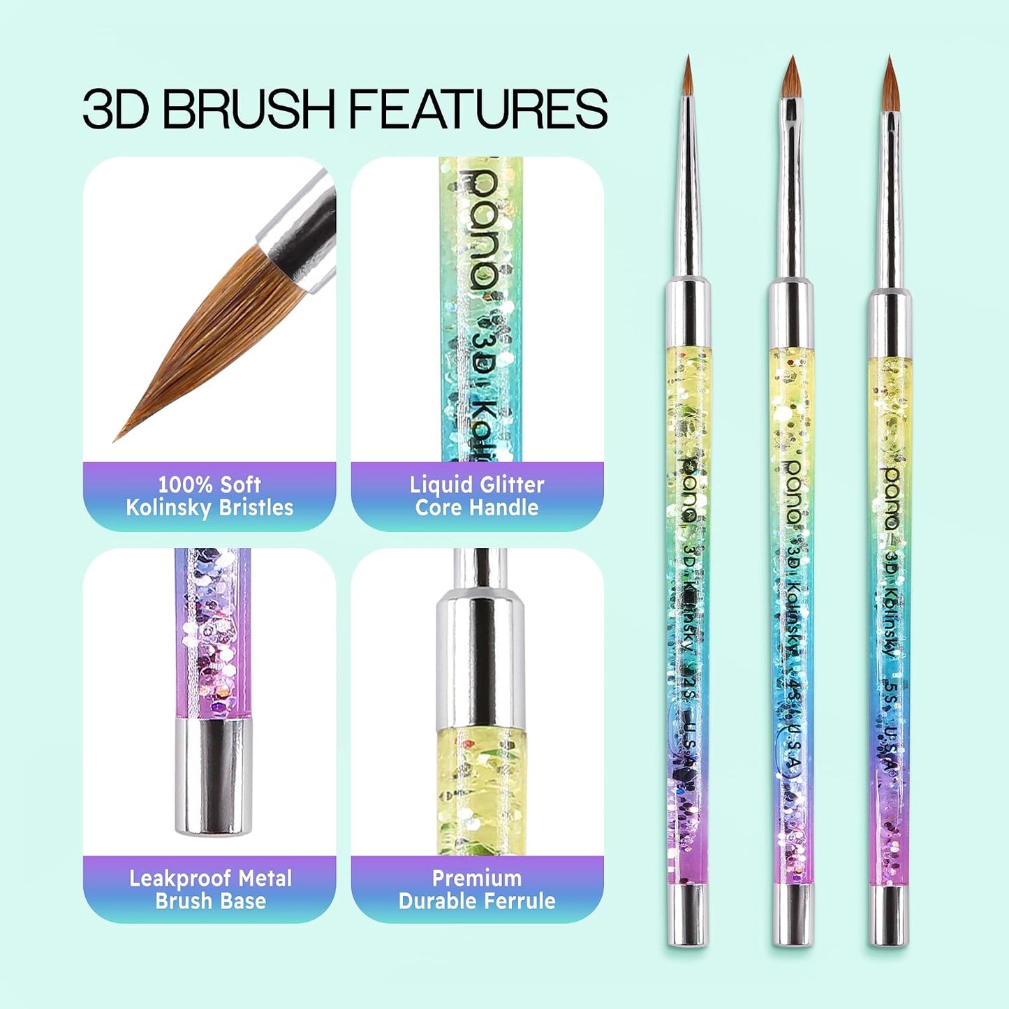 Kolinsky 3D Acrylic Nail Brushes - Liquid Glitter Handle for Professional Manicure | Rainbow Color, Size #4