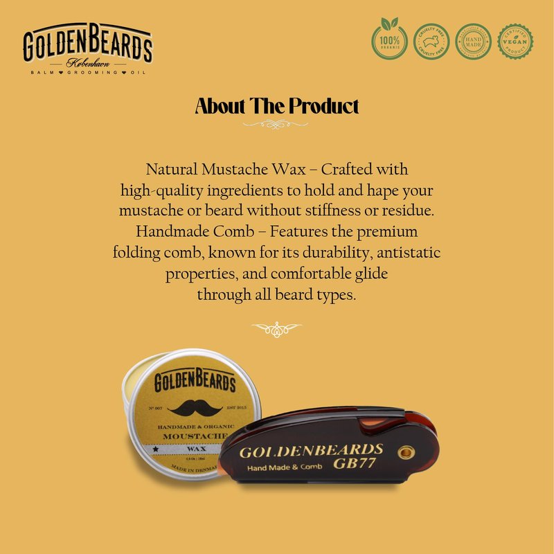 Golden Beards Mustache Wax with GB-77 Folding Comb – Organic & Natural Styling Wax for Men – Strong Hold, Vegan, Cruelty-Free Grooming Kit
