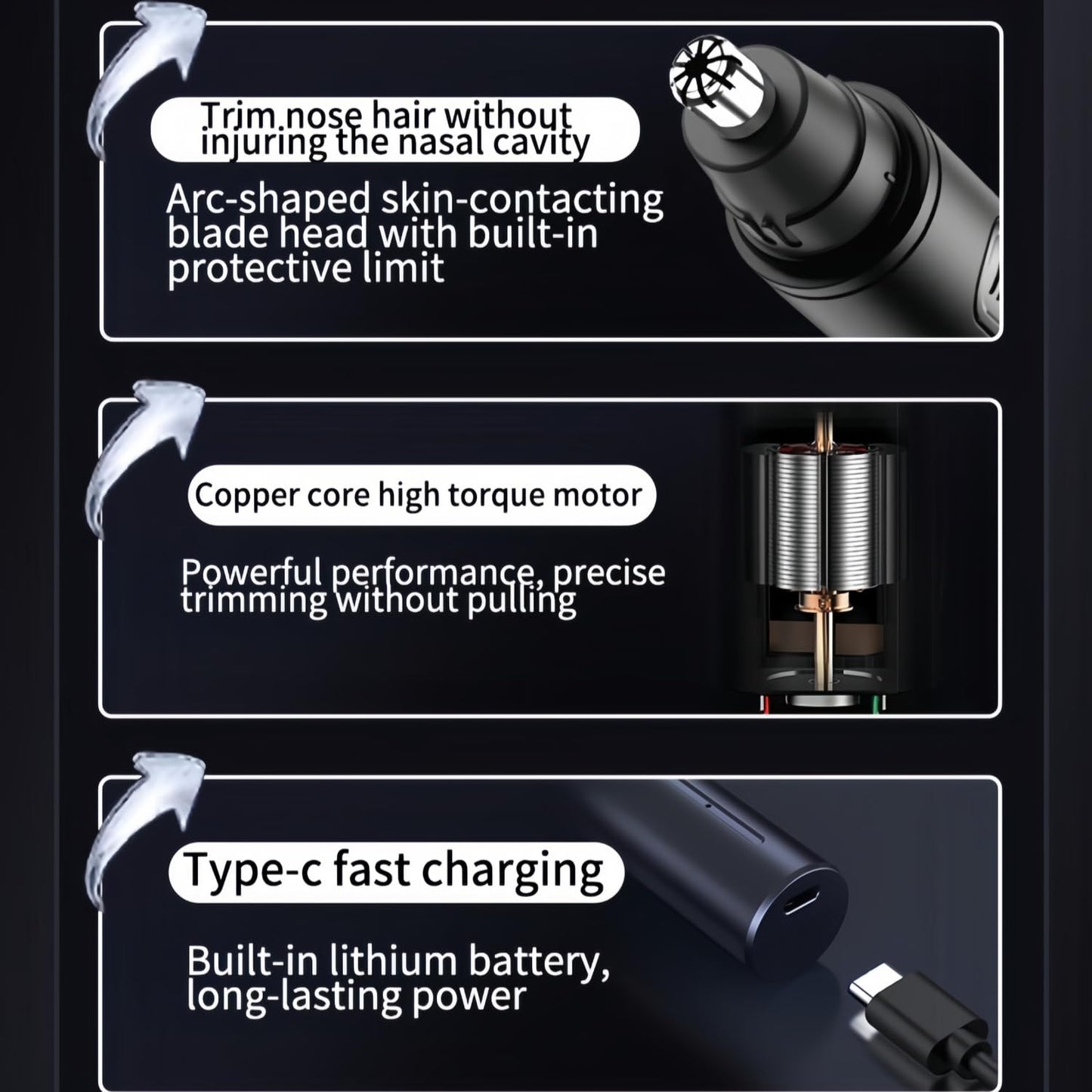 Ear and Nose Hair Trimmer for Men Women with Detachable Head, Professional Painless USB Rechargeable Nose Hair Trimmer, Powerful Motor and Washable Blades, Lightweight Black (Black Single-Piece)