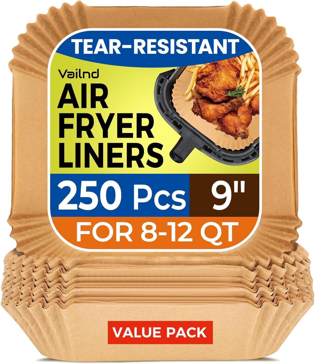 Air Fryer Paper Liners - 125 Pcs Non-Stick Parchment Paper for Microwave | 8-Inch Square, Bleach-Free