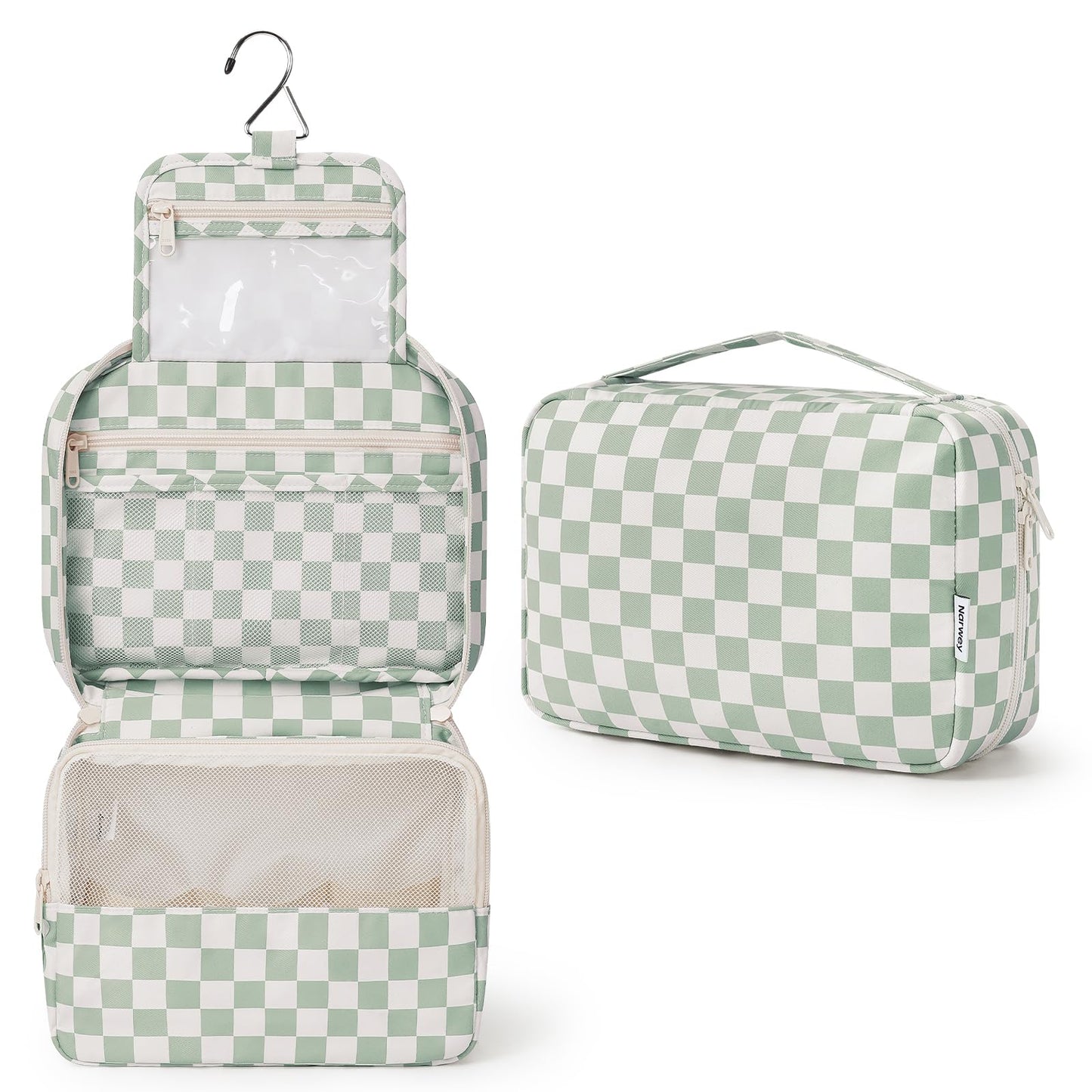 Narwey Small Hanging Travel Toiletry Bag for Women, Travel Bag for Toiletries, Checkered Makeup Bag Organizer Cosmetic Bags Make Up Bags for Girls (Mint Green Checkerboard)