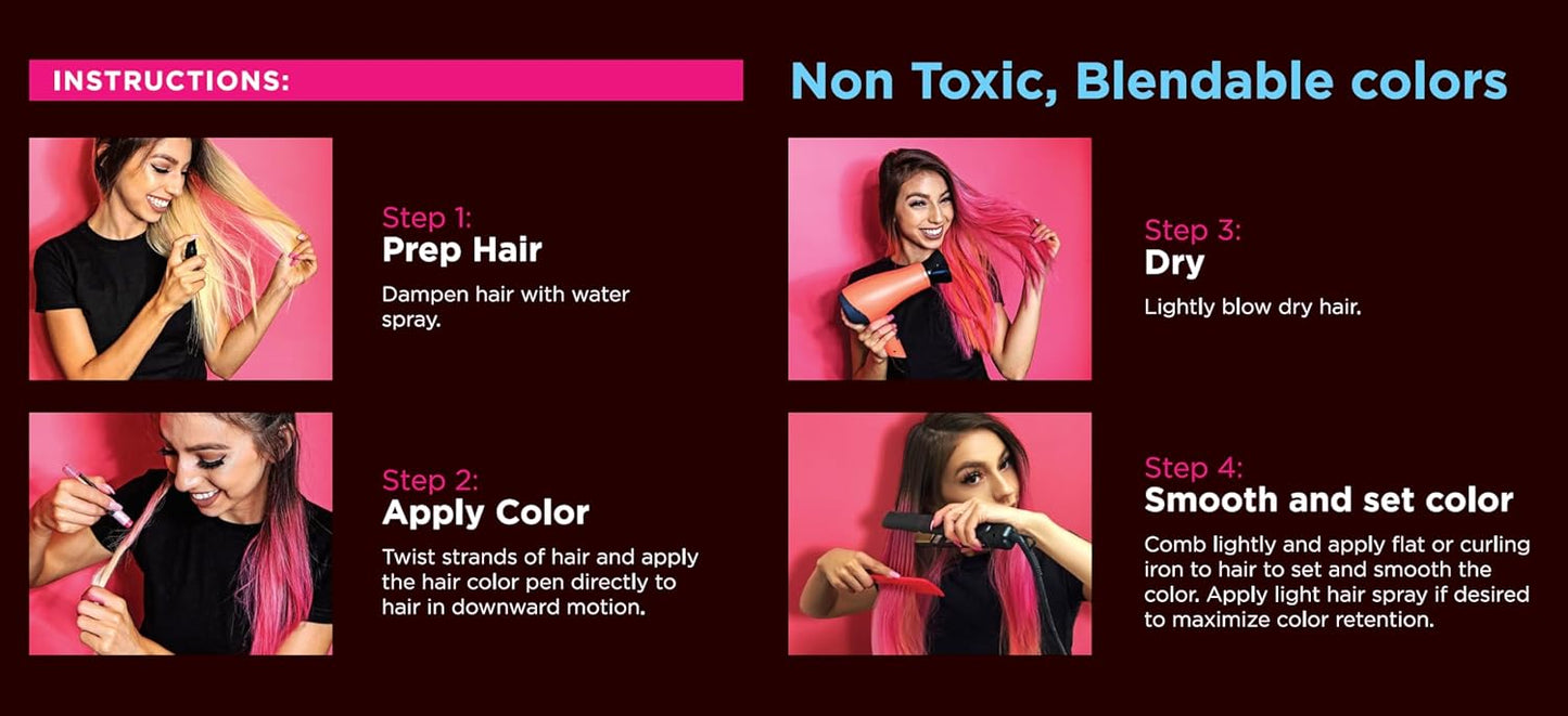 Temporary Hair Color Pens - 16 Vibrant Colors + 6 Glitter Shades | Creaseless Hair Ties Included