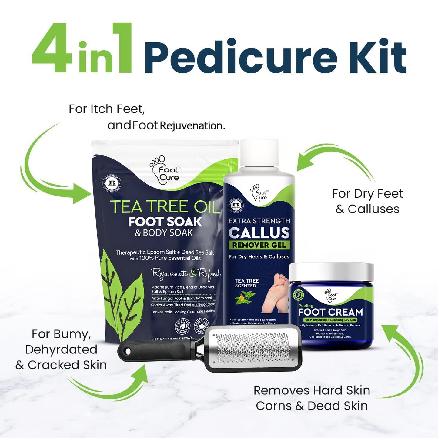 Exfoliating Foot Care Set - Callus Remover & Pedicure Kit with Tea Tree Oil Soak, Urea Cream | 4-Piece Made in USA