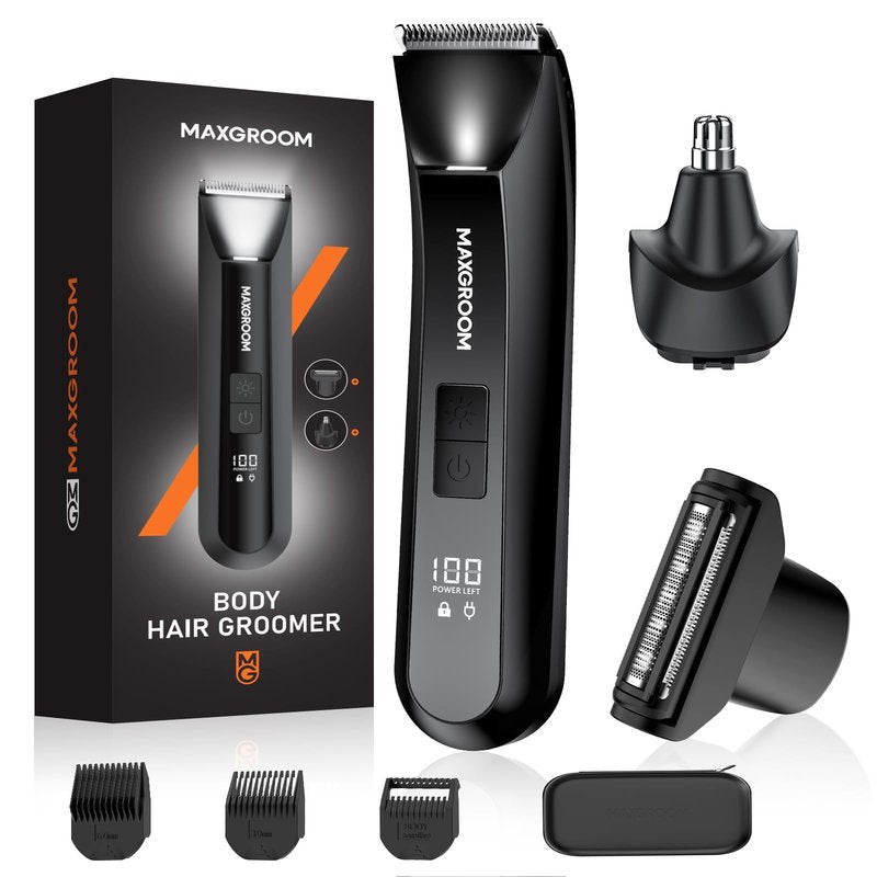 MAXGROOM Manscape 3-In1 Body & Pubic Hair Trimmer for Men, IPX7 Waterproof Ball & Groin Shaver with LED Light, Electric Razor with Travel Pouch & USB Rechargeable, Gifts for Men (Black)
