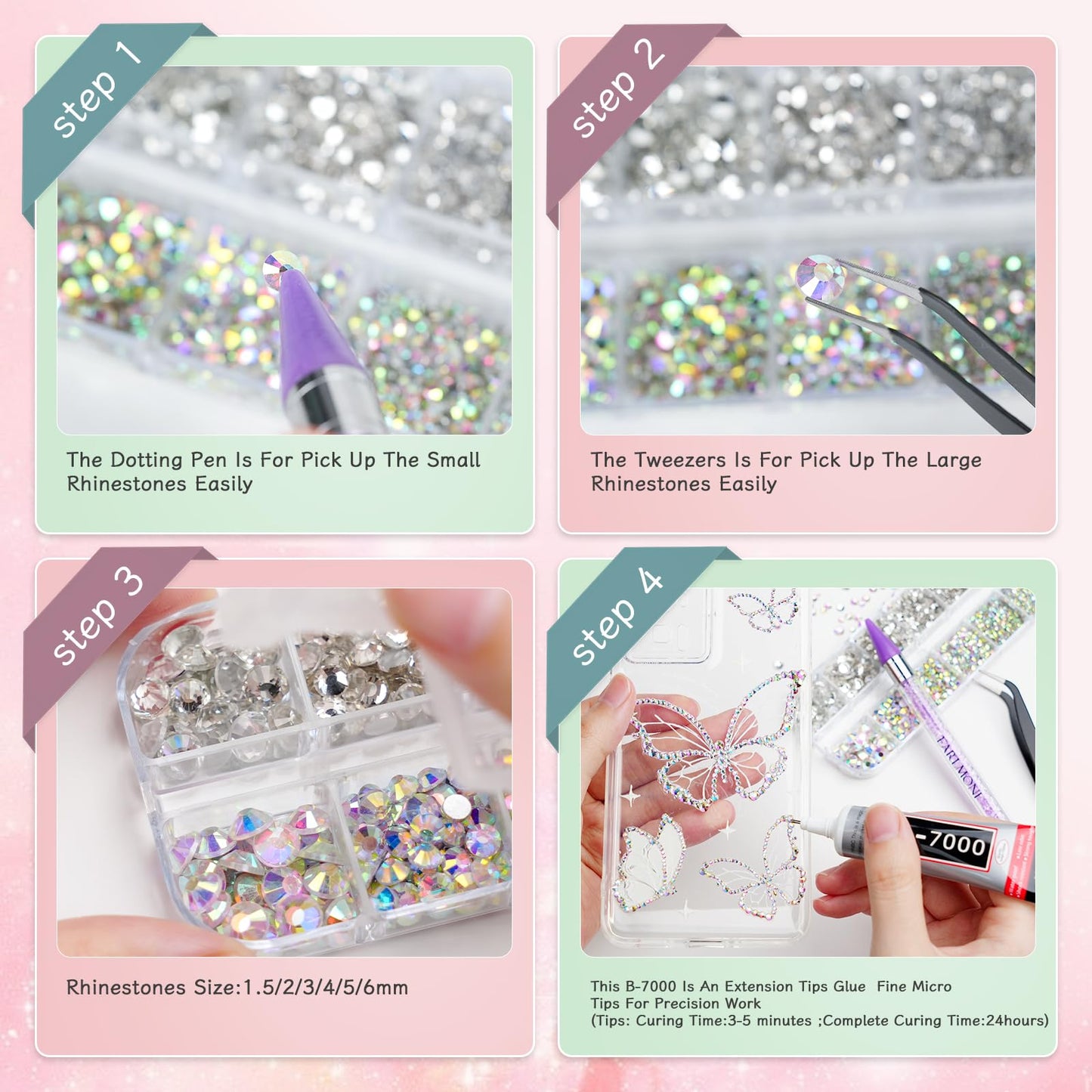 5200PCS Silver & AB Flatback Rhinestones for Crafts, EARLMONI Iridescent Crystal Rhinestone Bedazzling Kit with B7000 Jewelry Glue Rhinestone Picker Tool for Nail Art Makeup Face Clothing Shoes DIY