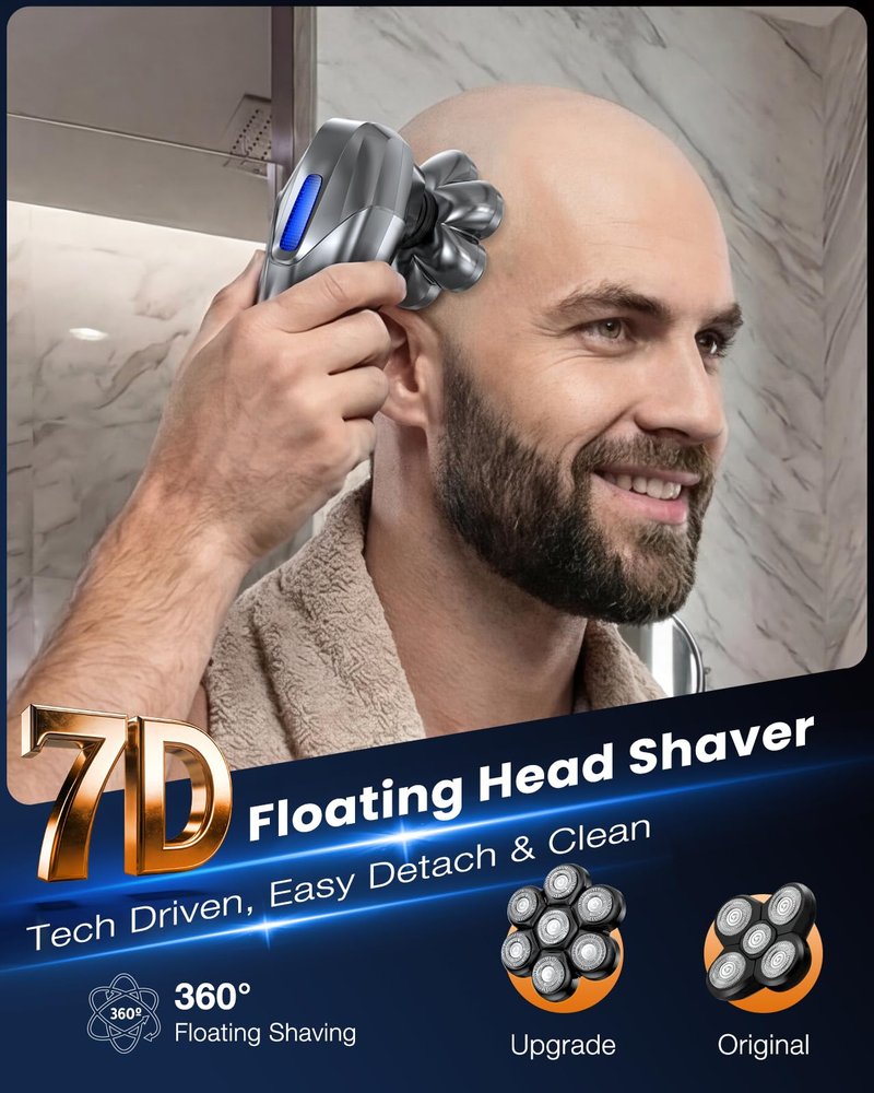 Vylto Head Shavers for Bald Men, 5-in-1 Electric Shaver Grooming Kit, 7D Floating IPX7 Waterproof Rechargeable Wet/Dry Razor for Skull Bald Head, Body Hair, with Massager, Gray