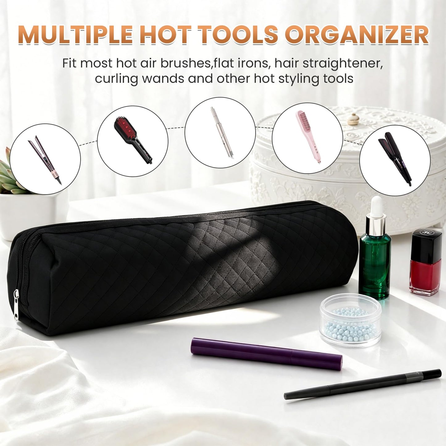 ASTONFOG Hot Hair Tools Organizer Bag, Heat Resistant Travel Hair Tools Storage Bag for Curling Irons, Flat Irons, Hair Dryer, Hair Straighteners and Styling Tools(Black, 17.7" x 3.9" x 3.9")