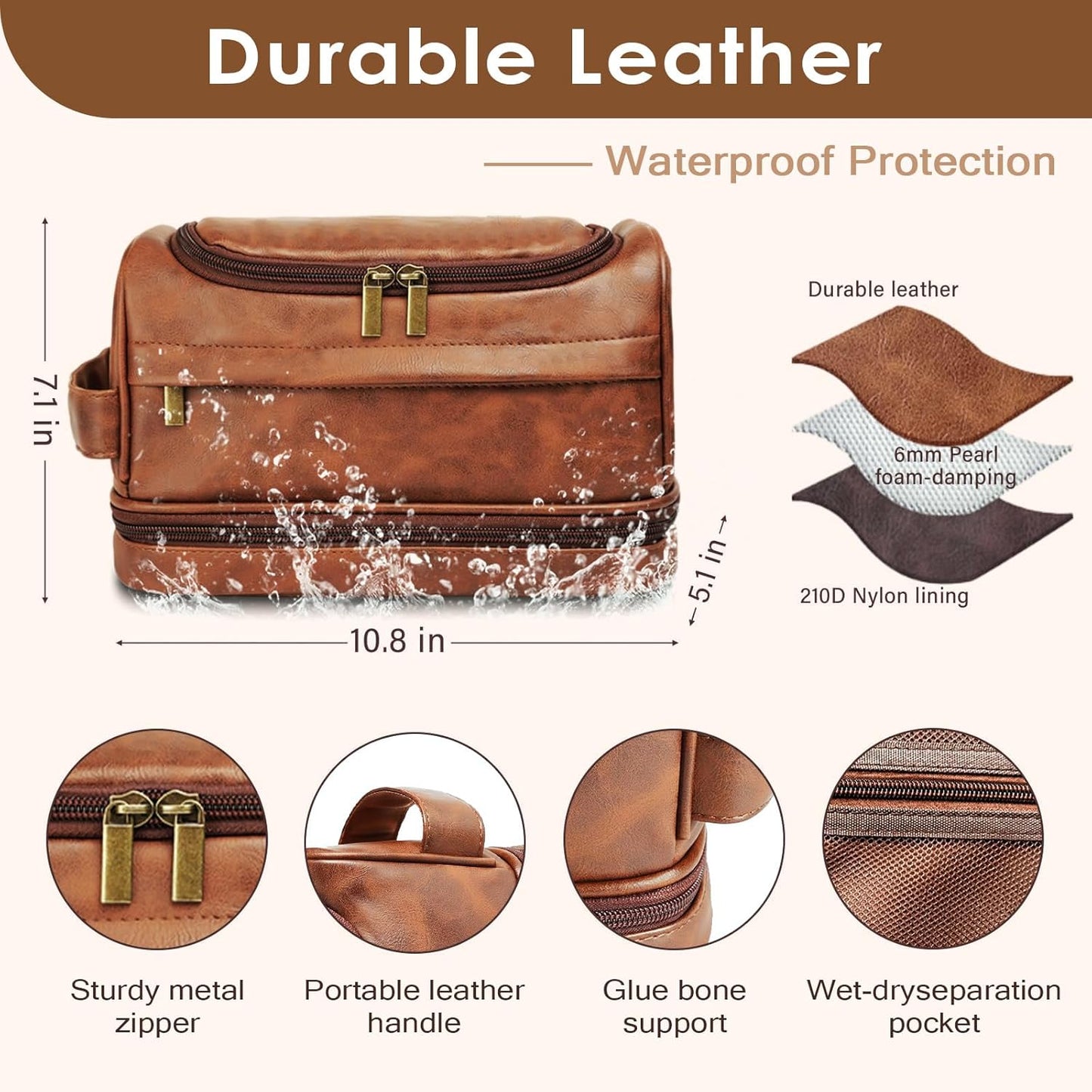 Personalized Toiletry Bag - Custom Engraved Leather Travel Kit | Waterproof Shaving Bag for Men, Great Gift for Dad, Husband, Groomsmen