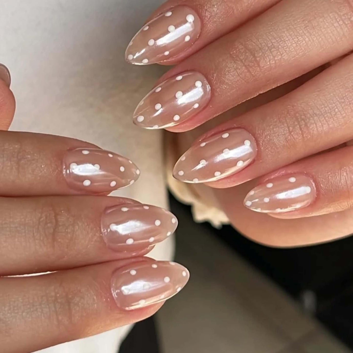Polka Dot Press-On Nails - Short Almond Nude Chrome | Reusable Full Cover with Glazed Finish & White Dots