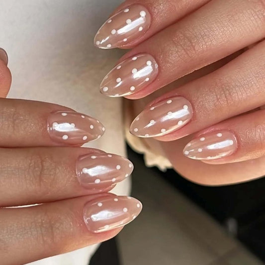 Polka Dot Press-On Nails - Short Almond Nude Chrome | Reusable Full Cover with Glazed Finish & White Dots