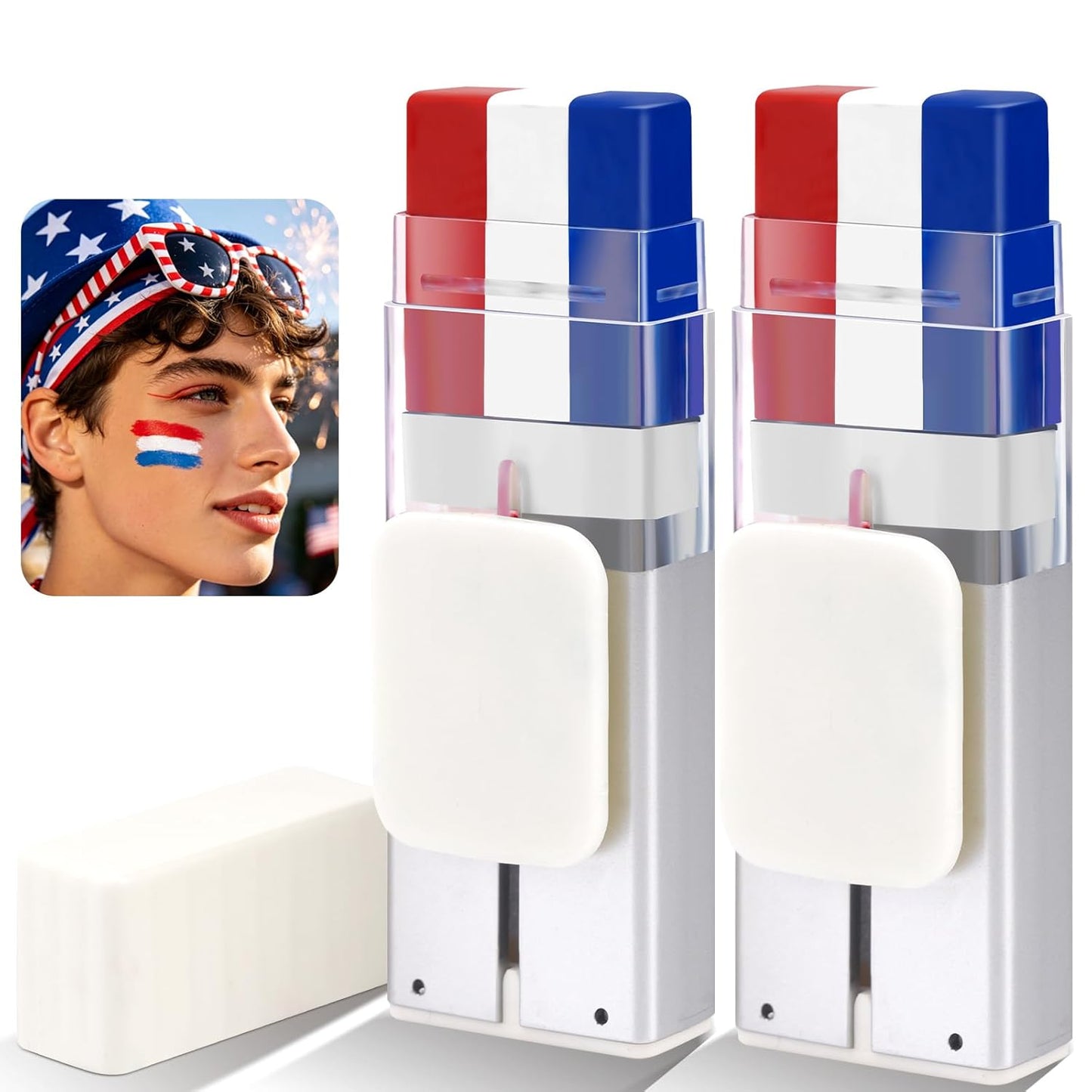 USA Patriotic Face Paint Stick - 2PCS Red, White & Blue Eye Black for 4th of July | Sports Fan Body Paint
