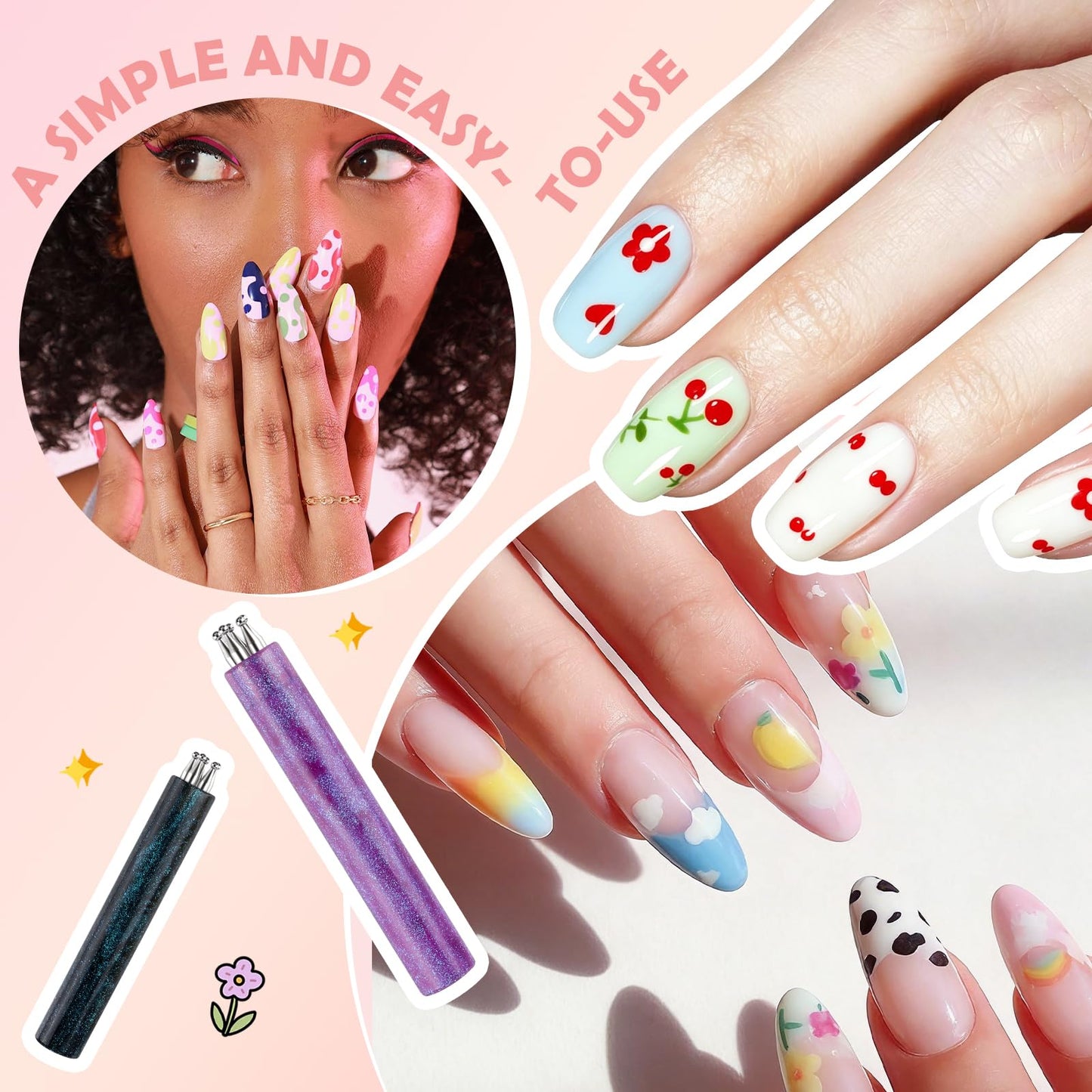 4PCS 5 Petal Flower Nail Dotting Pen , Professional Nail Art Tools for Polka Dot & Floral Designs ,Durable Dotting Tool