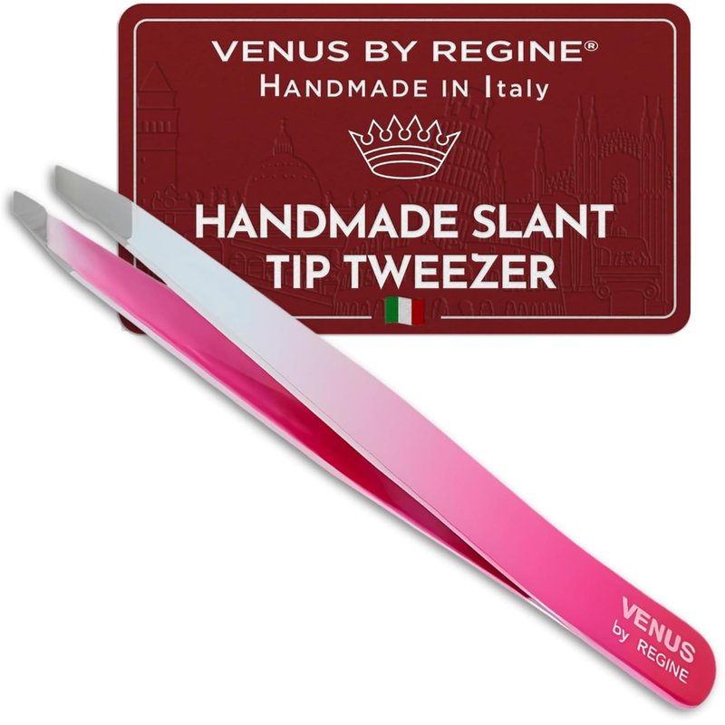 Venus by Regine Slant Tweezers - Handmade Precision Tool for Women & Men, 25-Degree Angle for Shaping Eyebrows & Grooming Facial Contours, Suitable for Eyebrow & Facial Hair Removal (Pink Ombre)