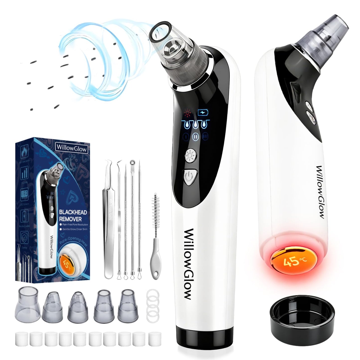 WillowGlow Heated Pore Vacuum, Blackhead Remover with Strong 3-Level Suction, 5 Nozzles for Deep Cleaning Face, Nose & Sensitive Skin, Professional Pore Extractor & Facial Kit