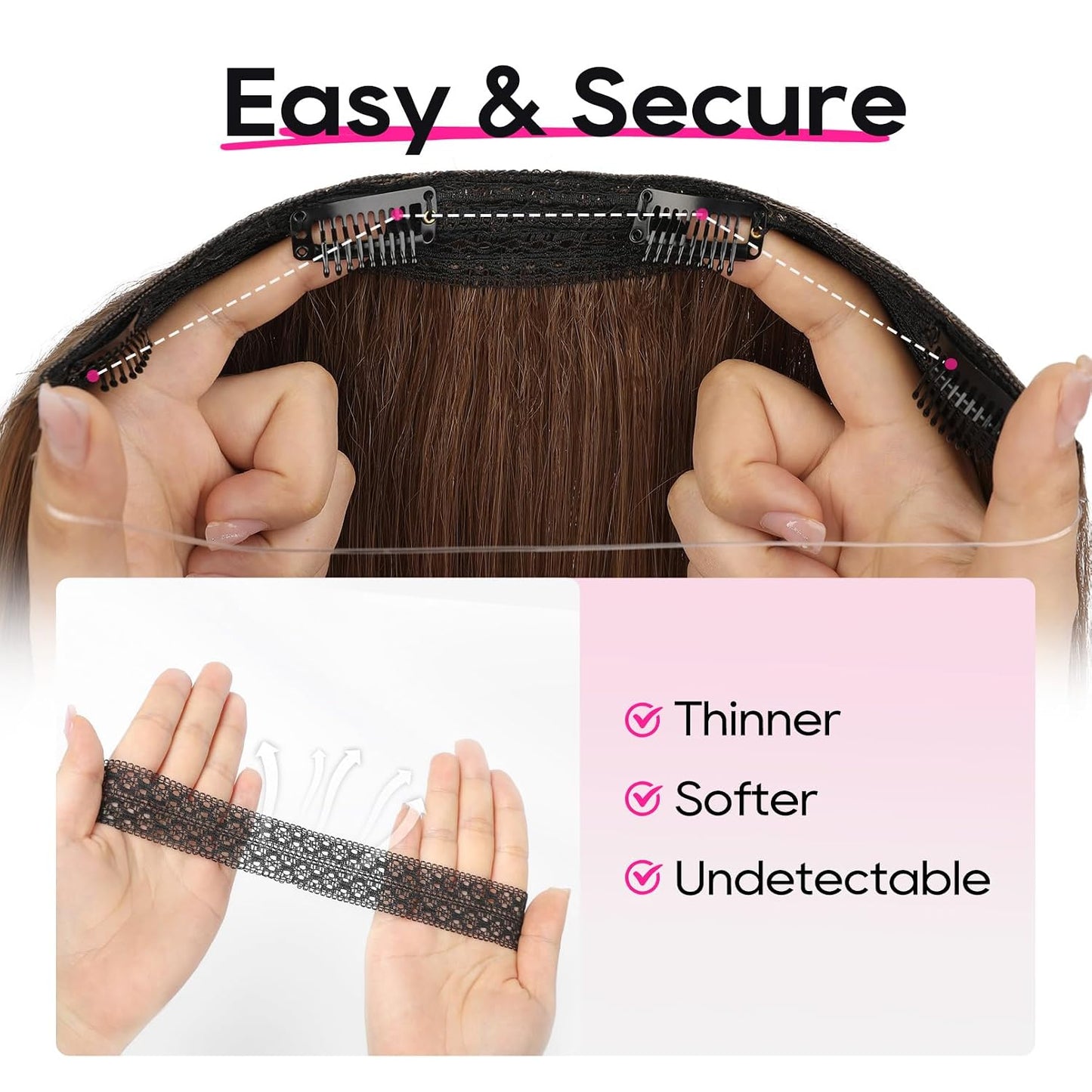 REECHO 12" Invisible Wire Hair Extensions - Thinner Lace Weft, Adjustable Clips | Chocolate Brown with Highlights