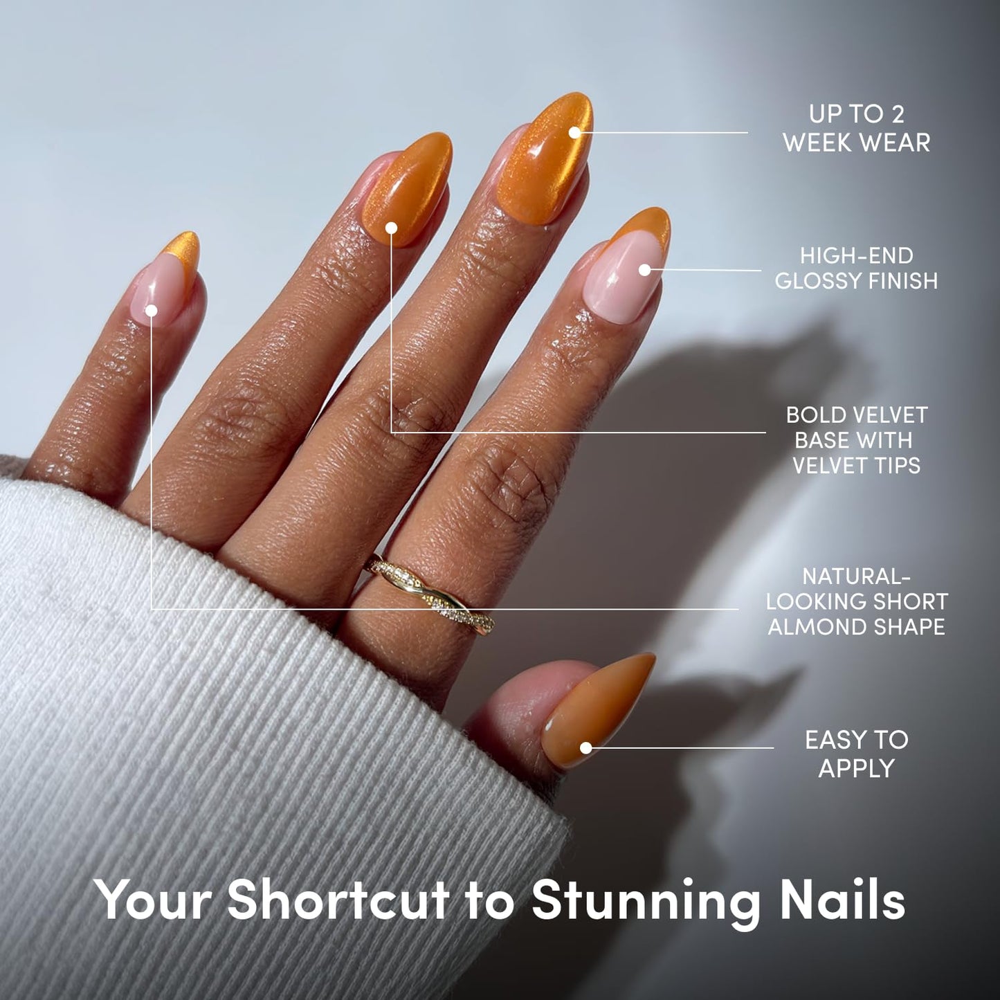 Glamnetic Press-On Nails - Orange Short Almond French Tip Design | Velvet Finish | 30 Nail Kit with Glue, 15 Sizes